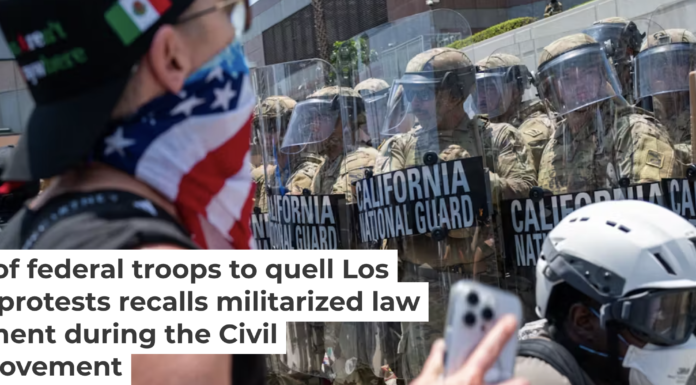 The National Guard and protesters stand off outside of a downtown jail in Los Angeles on June 8, 2025. Spencer Platt/Getty Images